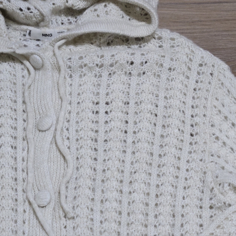 Mango Openwork Knit Hoodie Elegant Cream Cardigan Sweater Size M - Picture 7 of 12